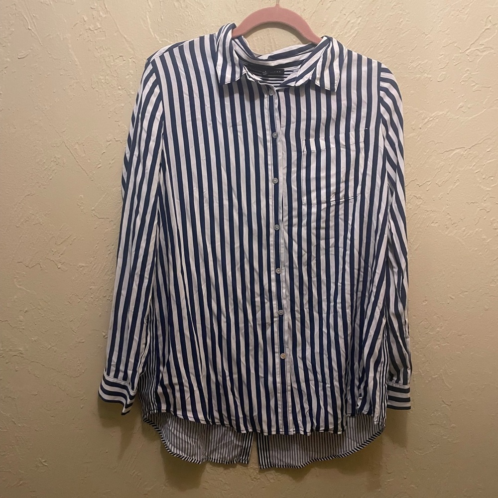 Jane and Delancey Navy and White Striped Button-Down Shirt